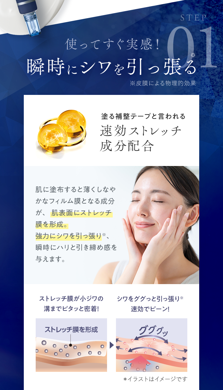 STEP01 使ってすぐ実感！瞬時にシワを引っ張る 塗る補整テープと言われる速効ストレッチ成分配合