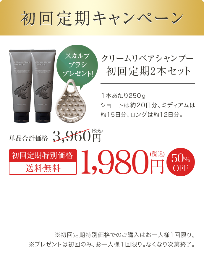 初回定期キャンペーン クリームリペアシャンプー 初回定期2本セット 初回定期特別価格 送料無料 1,980円(税込)