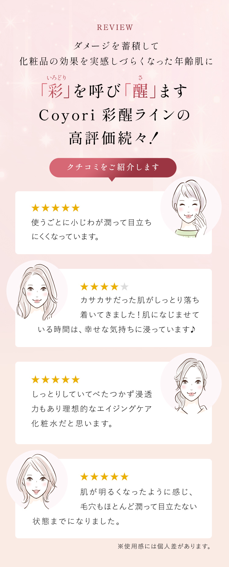 REVIEW ダメージを蓄積して化粧品の効果を実感しづらくなった年齢肌に 「彩(いろどり)」を呼び「醒(さ )」ます Coyori 彩醒ラインの高評価続々!