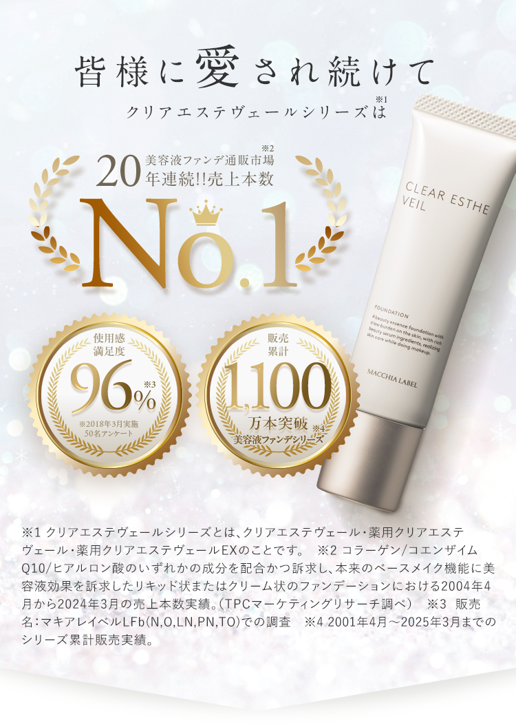 皆様に愛され続けてクリアエステヴェールシリーズは美容液ファンデ通販市場20年連続！！売上本数No.1