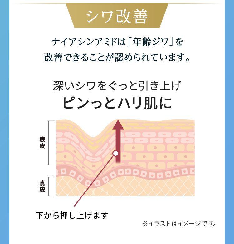 シワ改善 ナイアシンアミドは「年齢ジワ」を改善できることが認められています。
