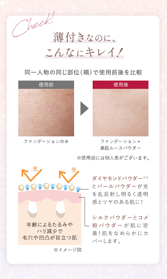 薄付きなのに、こんなにキレイ！シルクパウダーとコメ粉パウダーが肌に密着し肌をなめらかにカバーします。