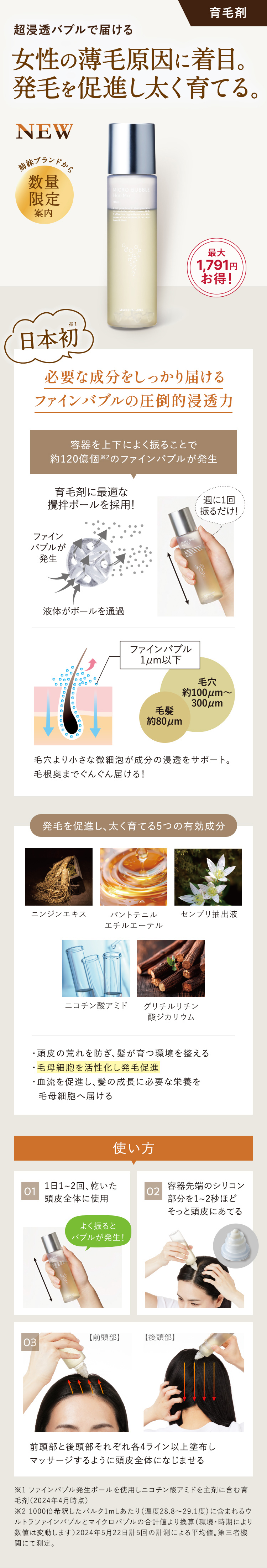 超浸透バブルで届ける 女性の薄毛原因に着目。 発毛を促進し太く育てる。