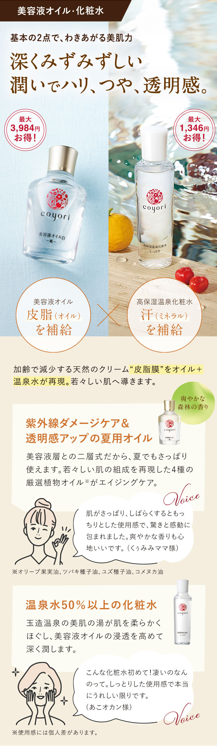 基本の2点で、わきあがる美肌力 深くみずみずしい潤いでハリ、つや、透明感。