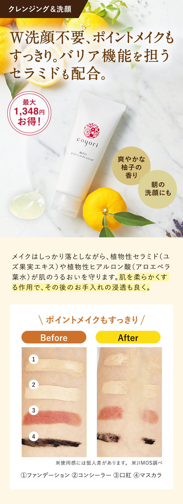 W洗顔不要、ポイントメイクもすっきり。バリア機能を担うセラミドも配合。