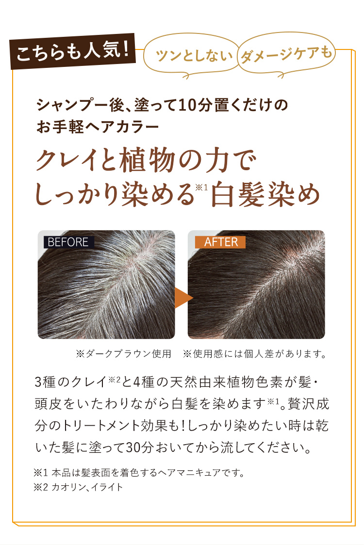 シャンプー後、塗って10分置くだけのお手軽ヘアカラー クレイと植物の力でしっかり染める白髪染め