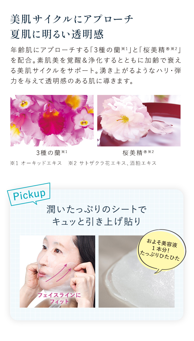 美肌サイクルにアプローチ 夏肌に明るい透明感 Pickup 潤いたっぷりのシートでキュッと引き上げ貼り