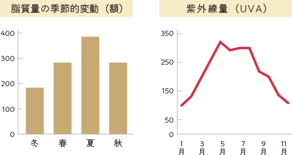 脂質量の季節的変動（額） 紫外線量（UVA）